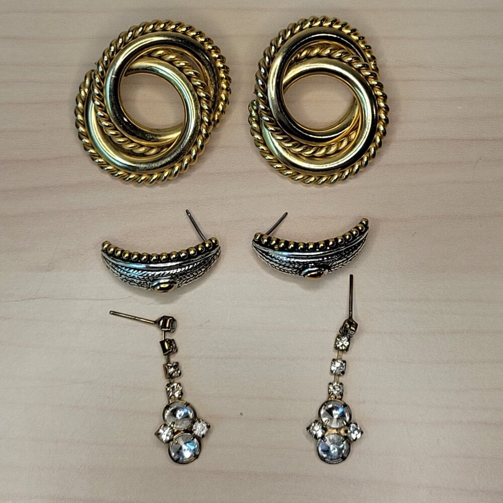 3 Pairs Gold-Toned Earrings: Linked Rope Ring, Textured Semi-Hoops, Stone Drop